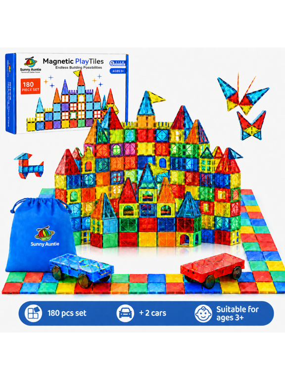 Magnetic Tiles 180 PCS XL Set with Storage Bag – Magnetic Building Tiles for Kids Ages 3-8, STEM Magnet Construction Toy for Boys & Girls