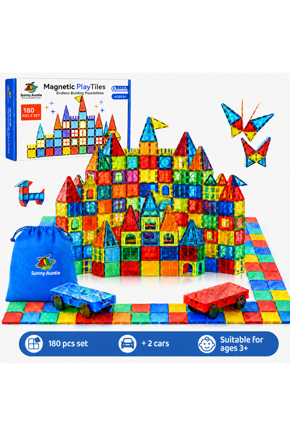 Magnetic Tiles 180 PCS XL Set with Storage Bag – Magnetic Building Tiles for Kids Ages 3-8, STEM Magnet Construction Toy for Boys & Girls