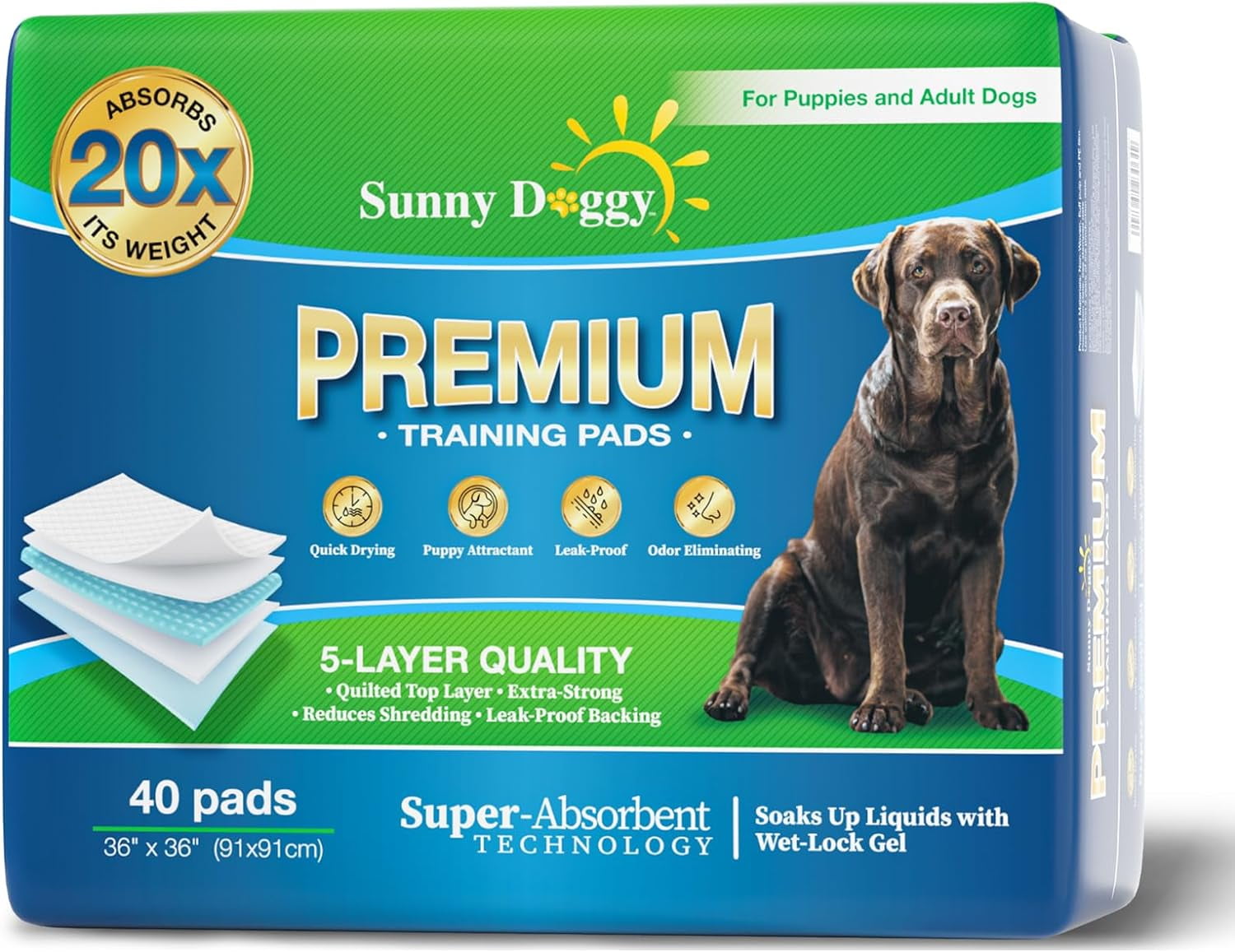 SUNNY DOGGY Pee Pads for Dogs Extra Large 36”x 36”, 40 Count Puppy Pads Pet Training Pads Disposable Upgraded Odor Control, Potty Pads Absorbent and Leak-Proof Dog Housebreaking & Puppy Supplies