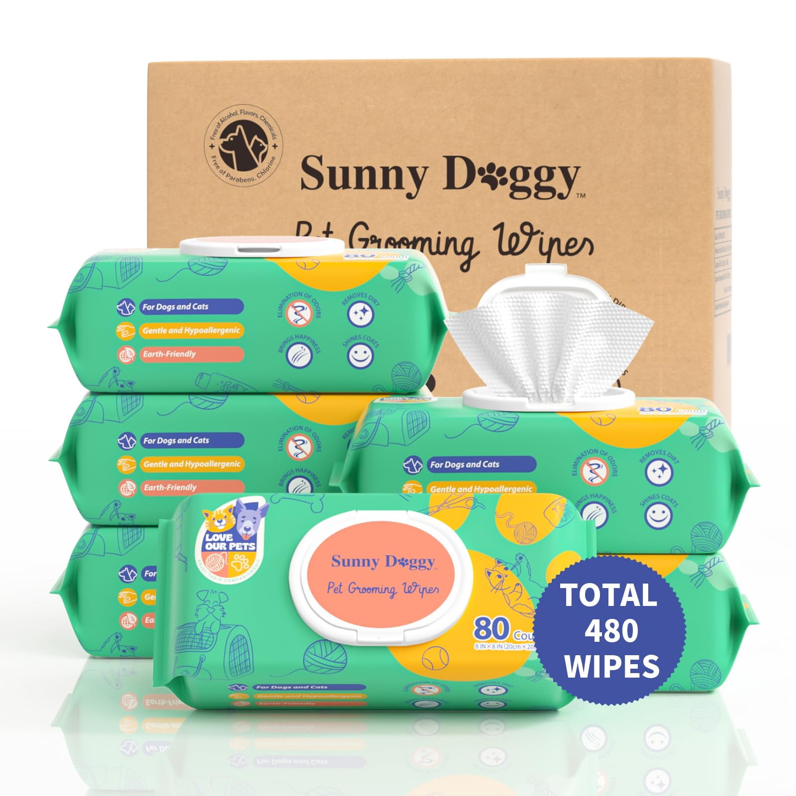 SUNNY DOGGY Pet Wipes 480 Count, Dog Wipes Cleaning Deodorizing Cat Wipes, 8 x 8 Inch Dog Grooming Wipes for Butt Paws Ear Eyes and Body, Pack of 6