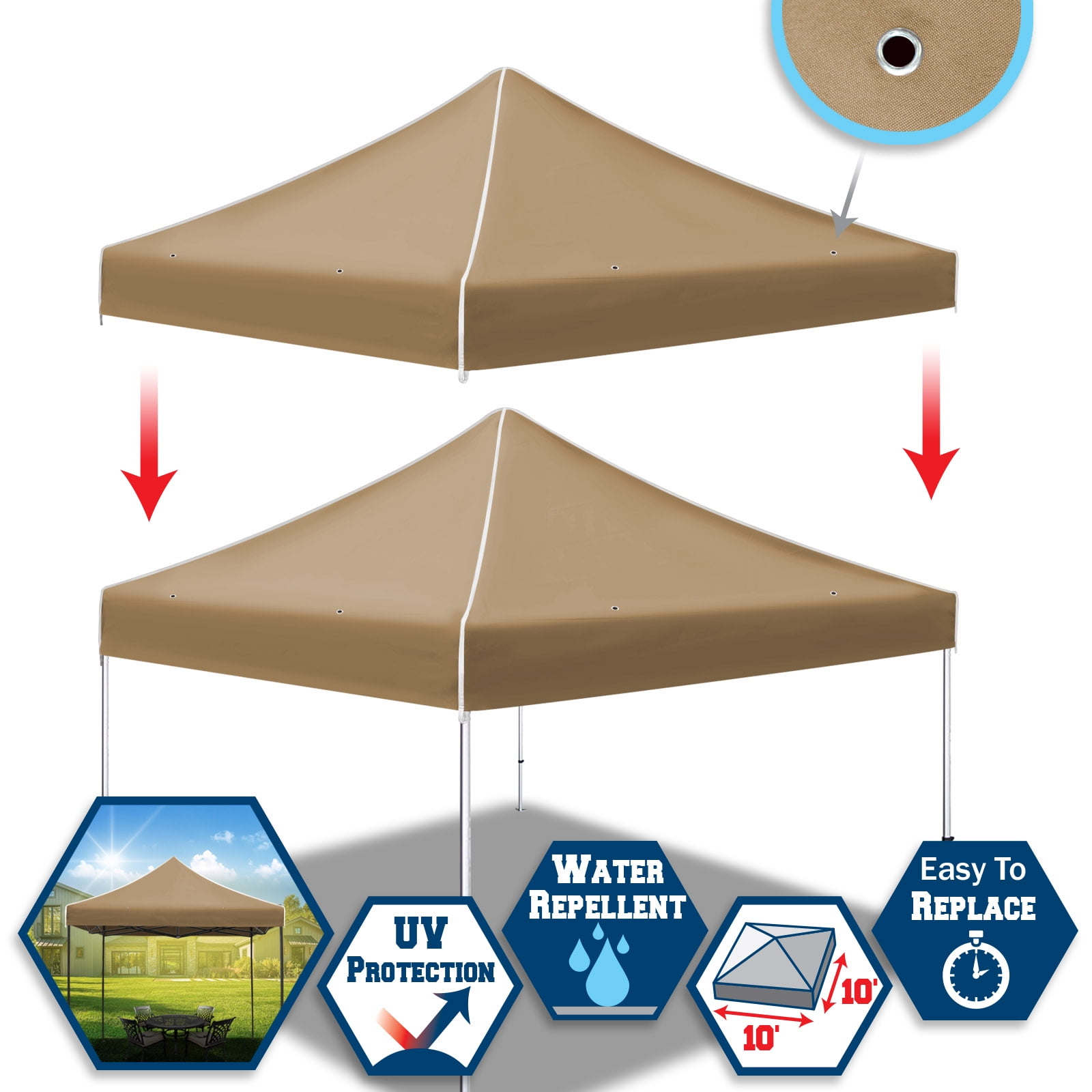 SUNNY Ez pop Up Instant Canopy 10'X10' Replacement Top Gazebo EZ Canopy Cover Only Patio Pavilion Sunshade Polyester-Tan