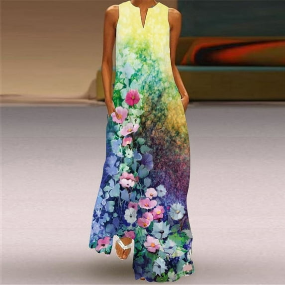 SUNNY Floral Print Green Dress Women 2023 Long Casual Plus Size 3D Dresses Summer Woman Sleeveless Girls Beach Maxi Dress Women
