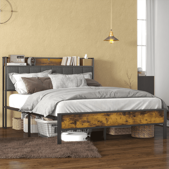 SUNNY HEAT Bedframe King Bed Frame with USB Port, Soft Headboard and Charging Stations, Heavy Duty Metal Platform,Easy to Assemble, Noise Free - Rustic Brown