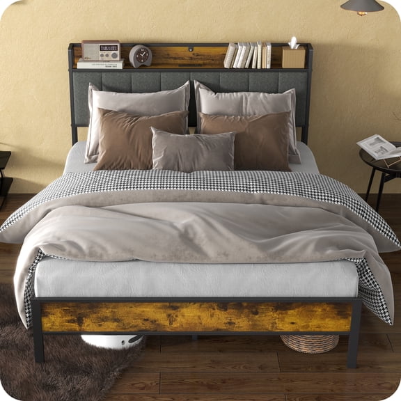 SUNNY HEAT Bedframe Queen Bed Frame with USB Port, Soft Headboard and Charging Stations, Heavy Duty Metal Platform,Easy to Assemble, Noise Free - Rustic Brown