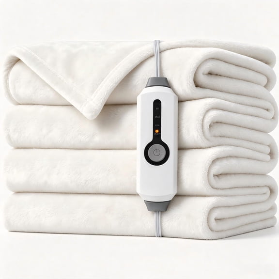 SUNNY HEAT Electric Blanket Heated Throw 50" x 60" -Fast Heating 4 Levels & 3H Auto off, Warm Soft Fannel Machine Washable, for Bed/Couch/Office, White