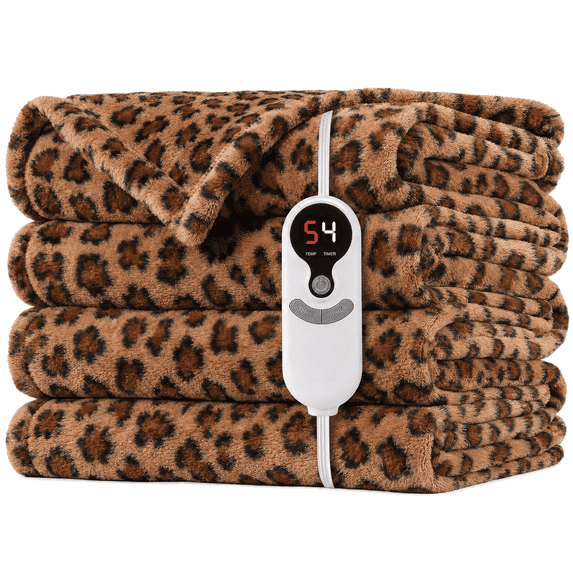 SUNNY HEAT Electric Blanket Heated Throw 50" x 60" -Fast Heating 9 Levels & 10H Auto off, Warm Soft Fannel Machine Washable, for Bed/Couch/Office, Classic Leopard Print