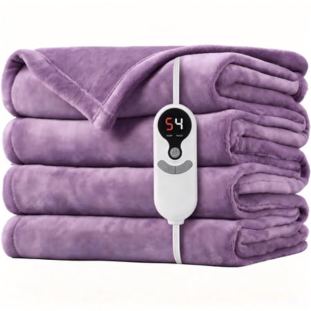 SUNNY HEAT Electric Blanket Heated Throw 50" x 60" -Fast Heating 9 Levels & 10H Auto off, Warm Soft Fannel Machine Washable, for Bed/Couch/Office, Dark Purple