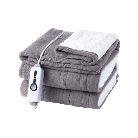 SUNNY HEAT Electric Blanket Heated Throw Fleece & Sherpa Fabric 50" x 60" Throw Size-4 Heating Settings & 3 Hours Auto Off, Super Soft Machine Washable-Grey