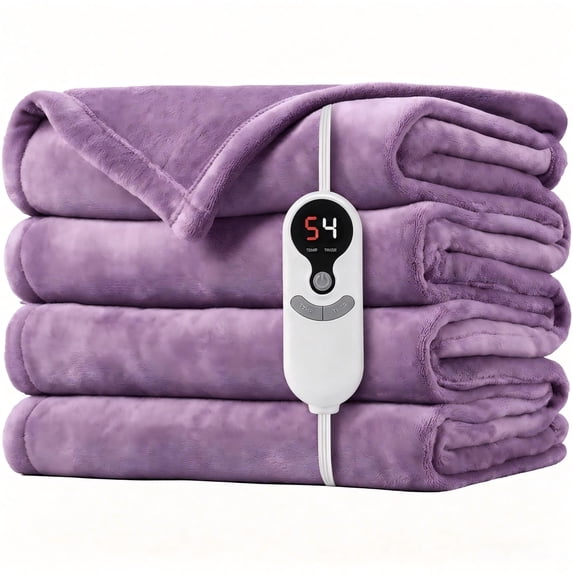 SUNNY HEAT Electric Blanket Heated Twin 62" x 84" -Fast Heating 9 Levels & 10H Auto off, Warm Soft Fannel Machine Washable, for Bed/Couch/Office, Dark Purple
