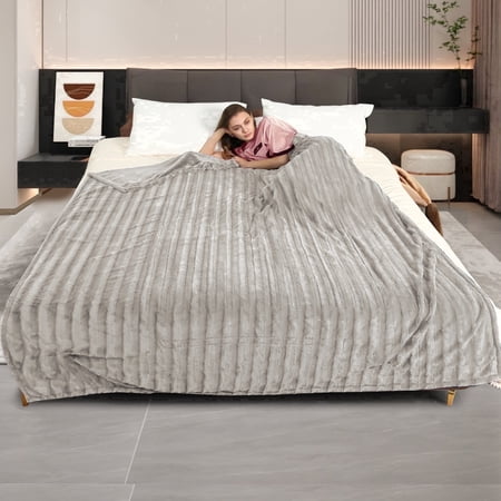 SUNNY HEAT Electric Heated Blanket 72'' x 84'', Soft and Lightweight Faux Fur Electric Blanket, Light Brown
