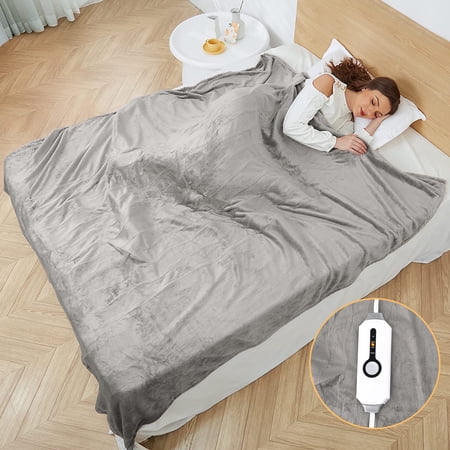 SUNNY HEAT Electric Heated Blanket Coral Fleece 72" x 84" Full Size-4 Heating Settings & 10 Hours Auto off, Breathable Machine Washable- Light Grey