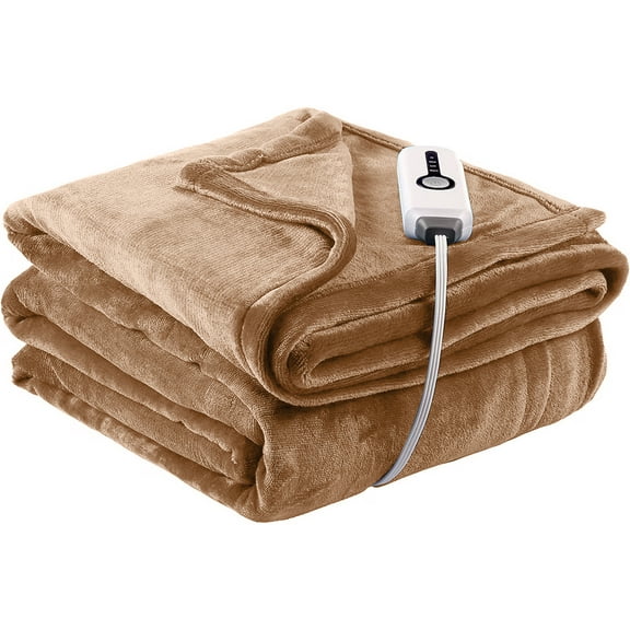 SUNNY HEAT Electric Heated Blanket Flannel 62" x 84" Twin Size-4 Heating Settings & 10 Hours Auto off, Machine Washable-Light Brown