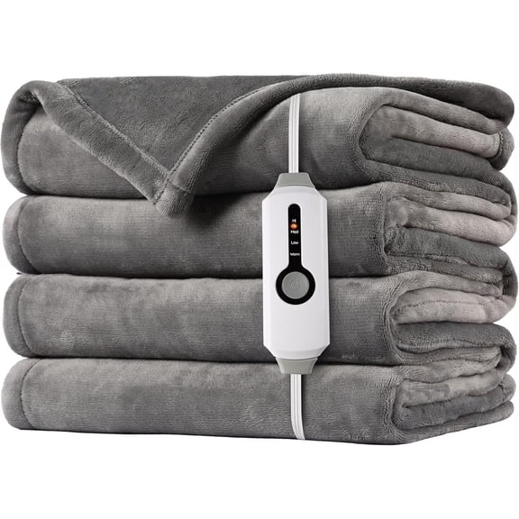 SUNNY HEAT Electric Heated Blanket Flannel 62" x 84" Twin Size-4 Heating Settings & 10 Hours Auto off ETL Certification, Soft Machine Washable-Light Grey