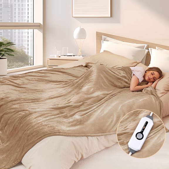 SUNNY HEAT Electric Heated Blanket Flannel 72" x 84" Full Size-4 Heating Settings & 10 Hours Auto Off, Cozy Machine Washable-Light Brown