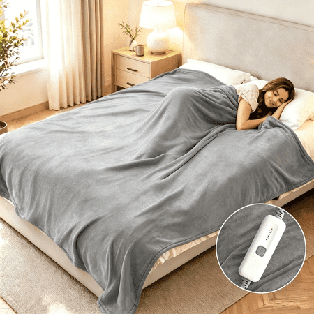 SUNNY HEAT Electric Heated Blanket Full Size 72" x 84" Soft Flannel with 4 Levels Heating & 10Hs Auto off, Machine Washable, Light Gray