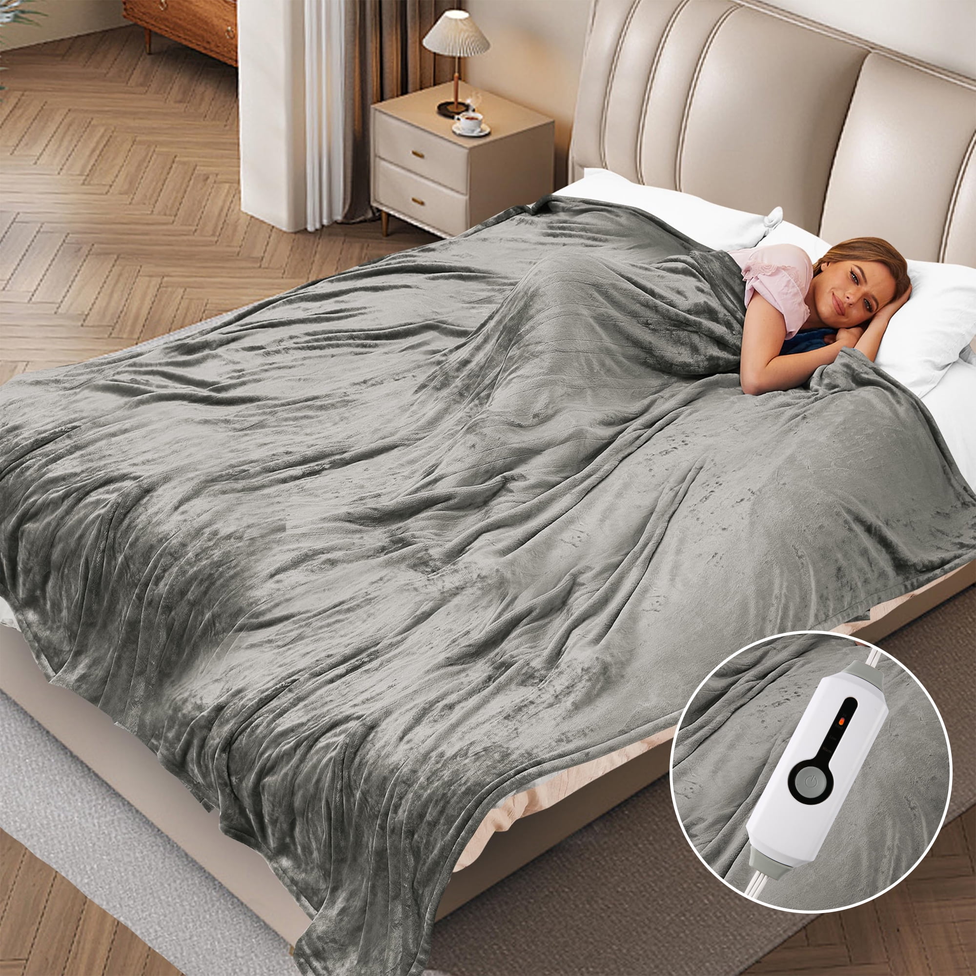 SUNNY HEAT Electric Heated Blanket Full Size 72" x 84" Soft Flannel with 4 Levels Heating & 10Hs Auto off, Machine Washable, Light Gray - Walmart.com