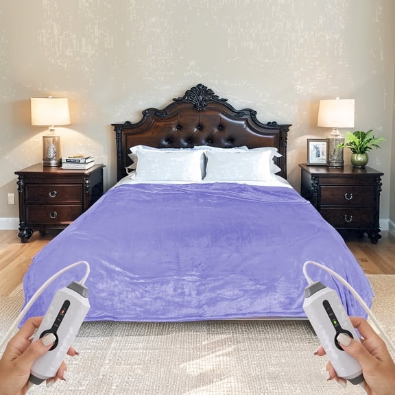 SUNNY HEAT Electric Heated Blanket Flannel 90" x 100" King Size-4 Heating Settings & 10 Hours Auto Off, Cozy Machine Washable-Light Purple