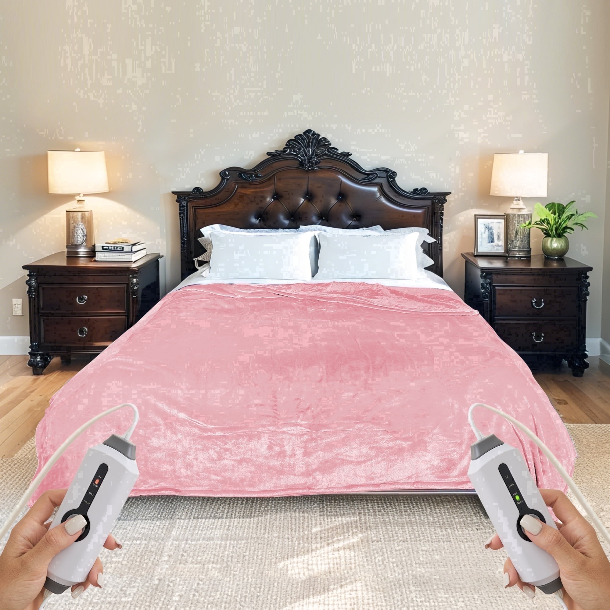 SUNNY HEAT Electric Heated Blanket Flannel 84" x 90" Queen Size-4 Heating Settings & 10 Hours Auto Off, Cozy Machine Washable-Pink