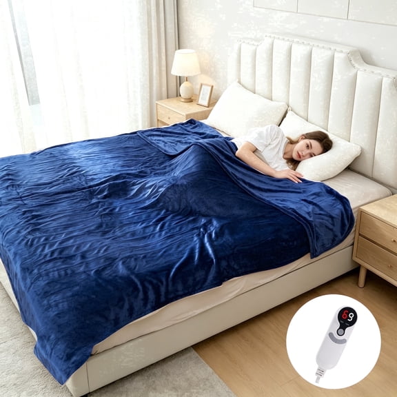 SUNNY HEAT Heated Electric Blanket Full Size 72" x 84", Flannel, 9 Heat Settings, 1-10 Hour Timer, Machine Washable, Navy Blue