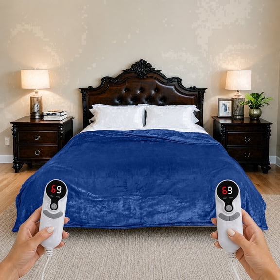 SUNNY HEAT Heated Electric Blanket Queen Size 84" x 90", Flannel, 9 Heat Settings, 1-10 Hour Timer, Dual Controls, Machine Washable, Navy Blue
