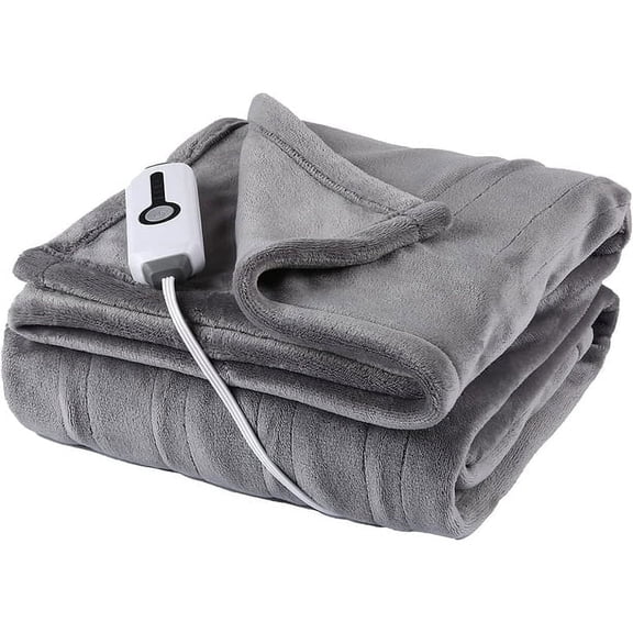 SUNNY HEAT Electric Heated Blanket Throw Flannel 50" x 60" Throw Size-4 Heating Settings & 3 Hours Auto off, Soft Machine Washable-Light Grey