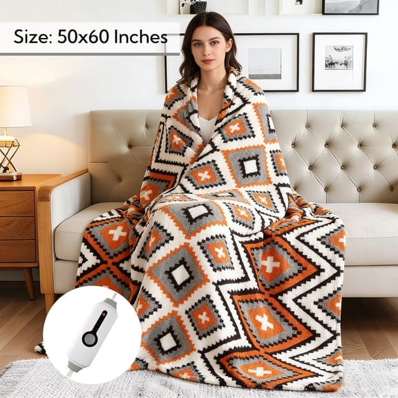 SUNNY HEAT Electric Heated Blanket Throw - 50''x60'' Size, Machine Washable, Multi-color Plaid