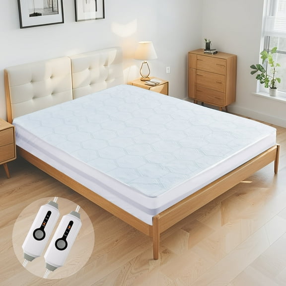 SUNNY HEAT Electric Mattress Pad Queen Size with Dual Control 4 Heat Setting 10H Auto-off, Hexagon White