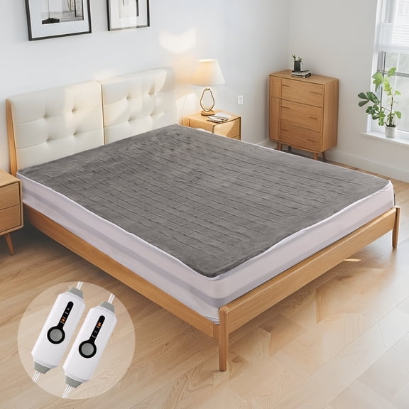 SUNNY HEAT Electric Mattress Pad Queen Size with Dual Control 4 Temperature 10H Auto-off, Coral Fleece, Grey