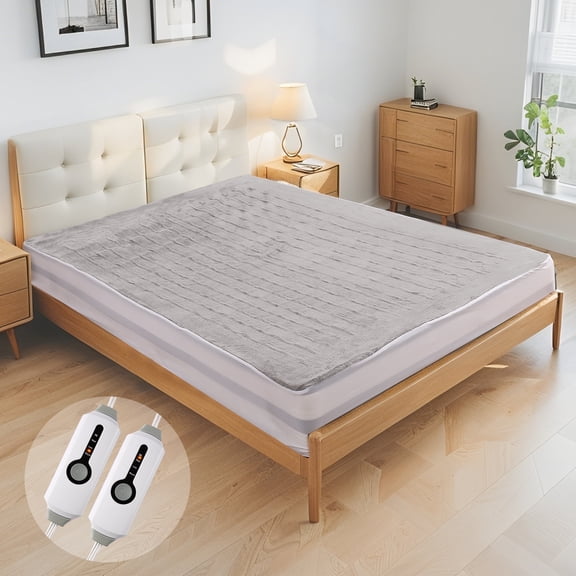 SUNNY HEAT Electric Mattress Pad Queen Size with Dual Control 4 Temperature 10H Auto-off, Coral Fleece, Light Grey