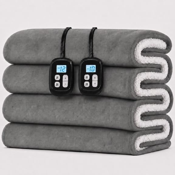 SUNNY HEAT Flannel Heated Blanket King 90"×100", 10 Heat Settings, 1-12 Hour Auto Off, Washable, Light Gray