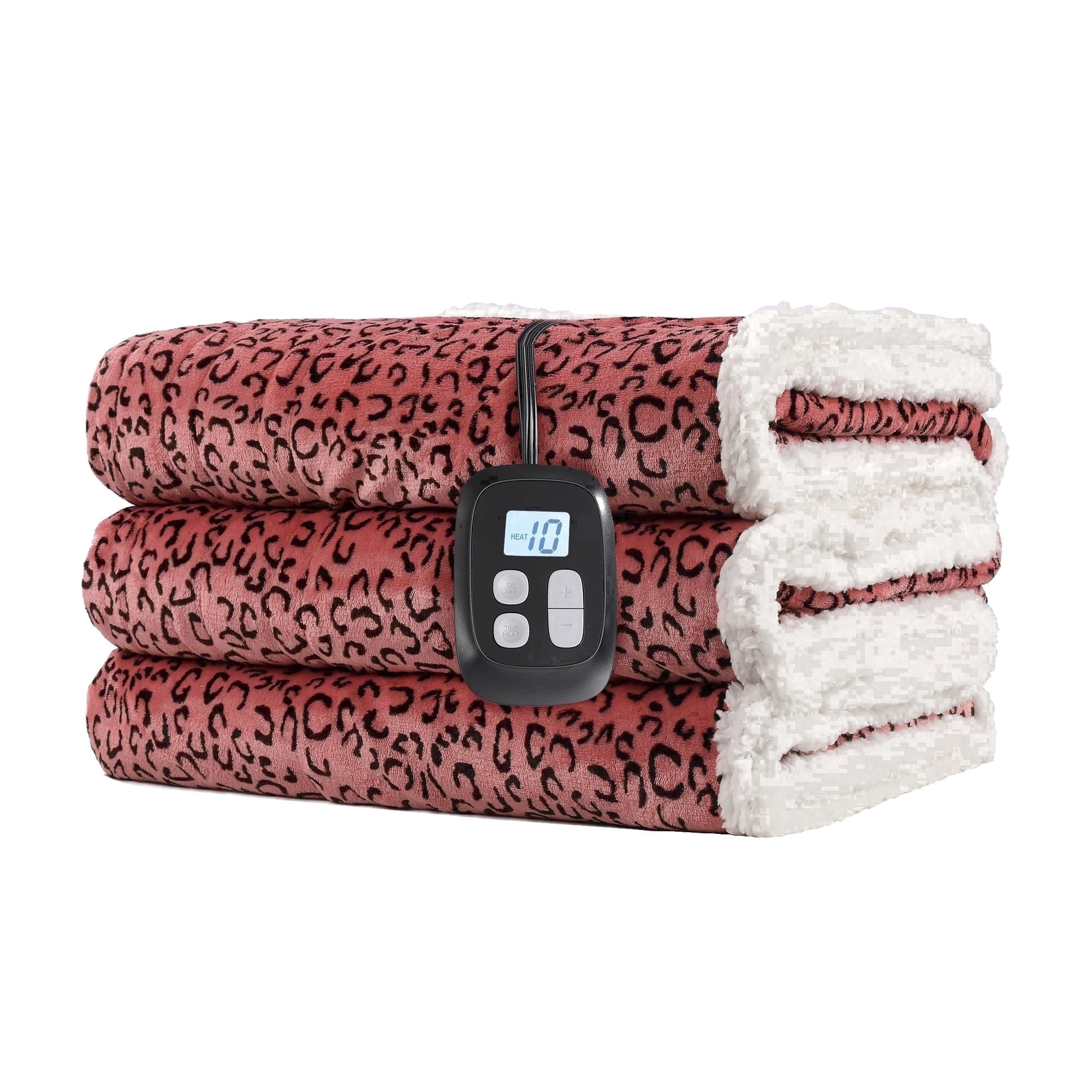 SUNNY HEAT Heated Electric Blanket Full Size 72'' x 84'' 10 Heating Levels & 1-12 Hours Auto Off , Leopard Black & Red