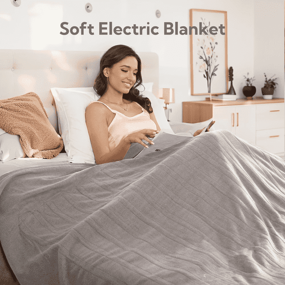 SUNNY HEAT Heated Electric Blanket Full Size 72''x84''- 4 Heat Levels & 10 Hours Auto off, Fast Heating & Over-Heat Protection, Light Grey