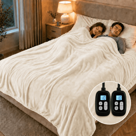 SUNNY HEAT Heated Electric Blanket King 90"×100", 10 Heat Settings, 1-12 Hour Auto Off, Washable, Off White