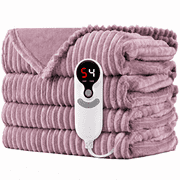 SUNNY HEAT Heated Electric Blanket Ribbed Flannel 62"x84" Twin Size - 9 Heating Levels & 1-10 Hours Auto Off - Dusty Pink