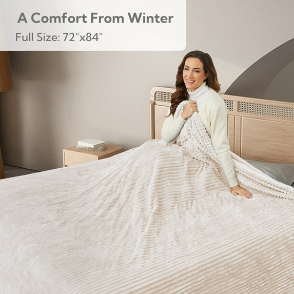 SUNNY HEAT Heated Electric Blanket Ribbed Flannel 72"x84" Full Size - 10 Heating Settings & 2/4/6/8/10/12 Hours Auto off, Thick and Warm Washable - White