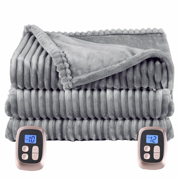 SUNNY HEAT Heated Electric Blanket Ribbed Flannel 84"x90" Queen Size - 10 Heating Settings & 2/4/6/8/10/12 Hours Auto off, Quick Heating Washable - Grey
