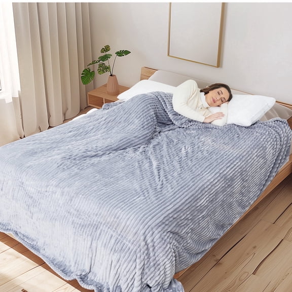 SUNNY HEAT Heated Electric Blanket Ribbed Flannel 84"x90" Queen Size - 10 Heating Settings & 2/4/6/8/10/12 Hours Auto off, Quick Heating Washable - Light Grey