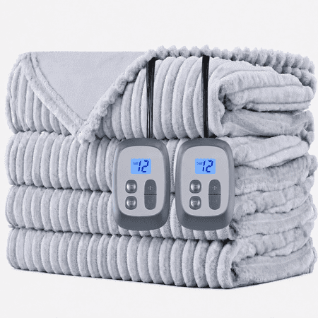 SUNNY HEAT Heated Electric Blanket Ribbed Flannel 84"x90" Queen Size - 10 Heating Settings & 2/4/6/8/10/12 Hours Auto off, Quick Heating Washable - Light Grey