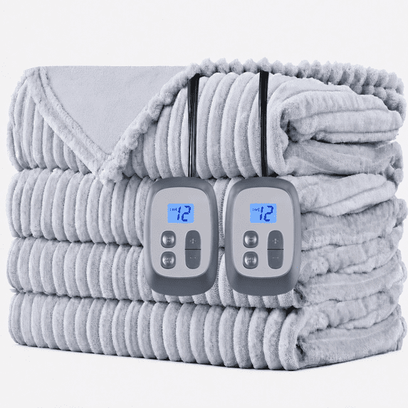SUNNY HEAT Heated Electric Blanket Ribbed Flannel 84"x90" Queen Size - 10 Heating Settings & 2/4/6/8/10/12 Hours Auto off, Quick Heating Washable - Light Grey