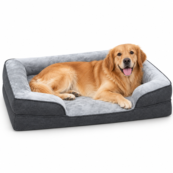SUNNY HEAT Large Dog Bed for Medium Dogs,Soft Flannel Pet Bed with Shredded Foam Filling,Removable Washable Cover Non-Slip Bottom Dog Sofa Bed,Bolster Sides, Non-Skid, Gray