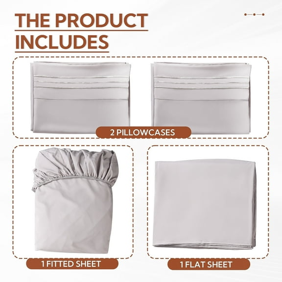 SUNNY HEAT Queen Bed Sheet Set, 4-Piece Deluxe Sheet Set, Easy Care Polyester Microfiber, Stretchable Elastic, Gray