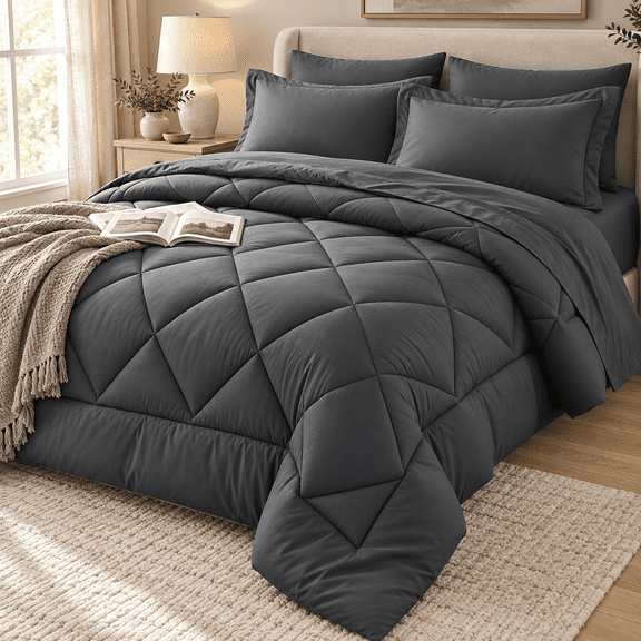 SUNNY HEAT Queen Comforter Set 7 Piece Bed in a Bag, Soft All Season Bedding Set with Comforter, Flat Sheet, Fitted Sheet, Pillowcases and Shams, Machine Washable, Dark Grey