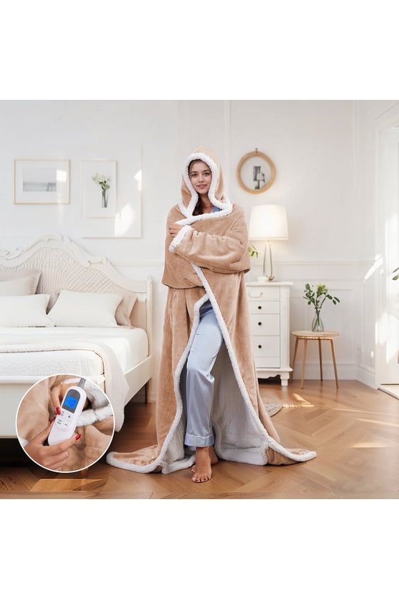 Heated Wearable Blanket with Pockets and Hood, 50"x70",Soft Flannel & Sherpa,1-12H Timer, Machine Washable, Khaki