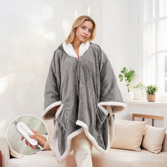 SUNNY HEAT Heated Electric Wearable Throw Blanket with Hood Pockets, 56"x63", Soft Flannel & Sherpa, 3H Auto Shut Off, Machine Washable, Light grey