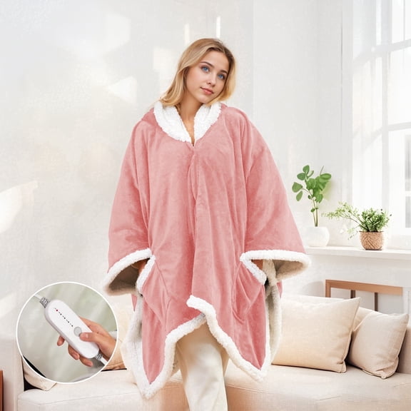 SUNNY HEAT Heated Electric Wearable Throw Blanket with Hood Pockets, 56"x63", Soft Flannel & Sherpa, 3H Auto Shut Off, Machine Washable, Light pink