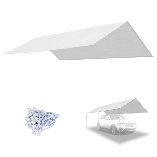 SUNNY OUTDOOR 10x20' Carport Tent Top Garage COVER ONLY w Bungee, Waterproof Replacement Canopy, without edge (White)