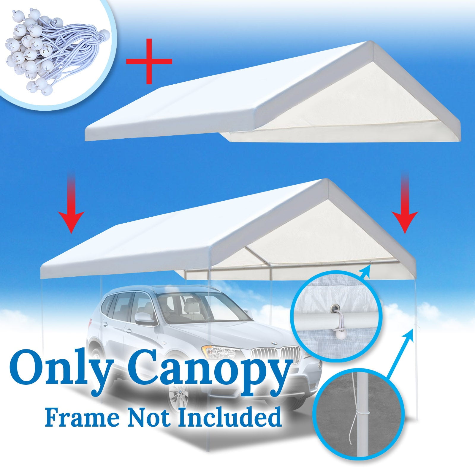 SUNNY OUTDOOR 12x20' Carport Tent Top Garage COVER ONLY w Bungee, Waterproof Replacement Canopy (White)