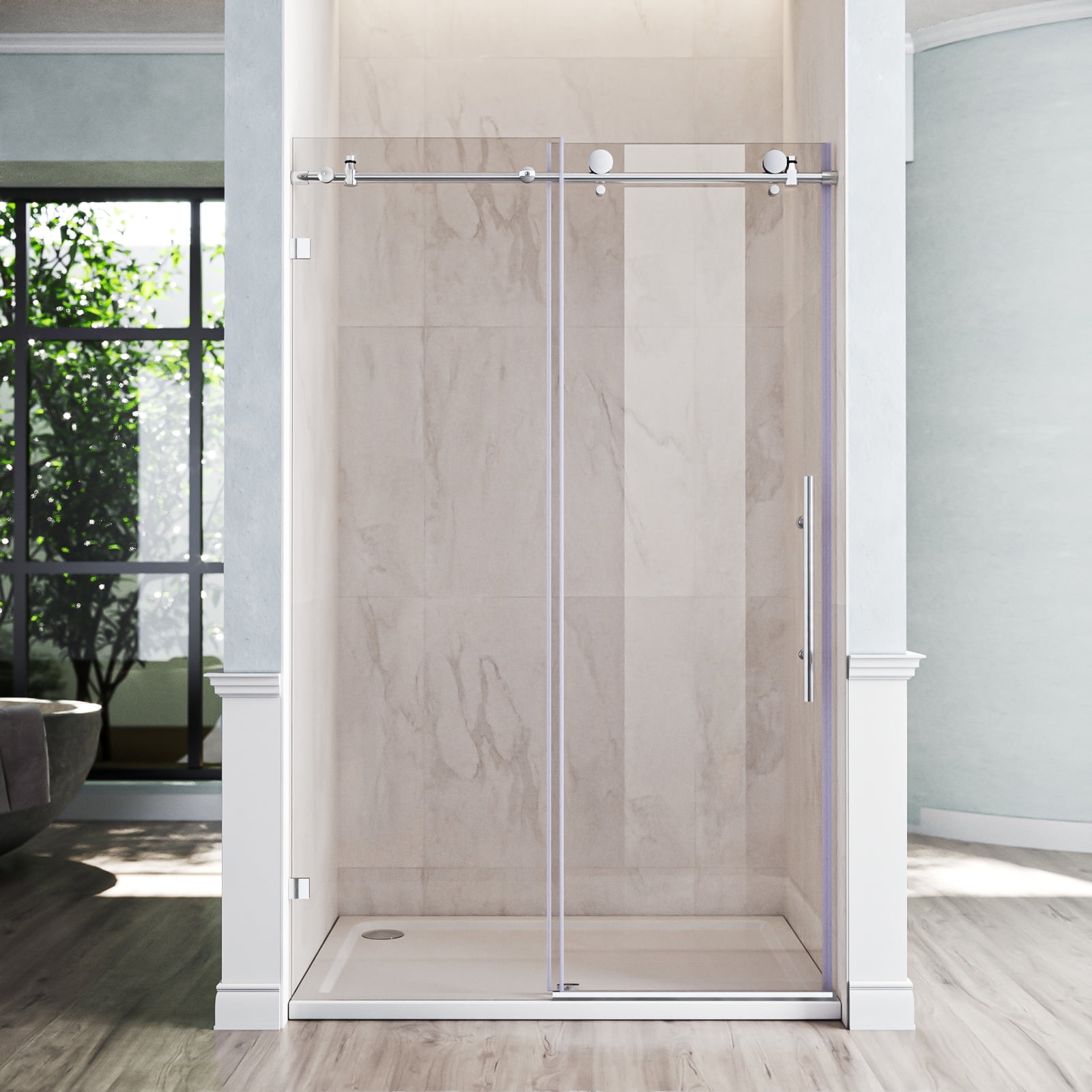 SUNNY SHOWER 48 in.W x 76 in.H Frameless Sliding Shower Doors, 3/8 inch Glass, Chrome Stainless