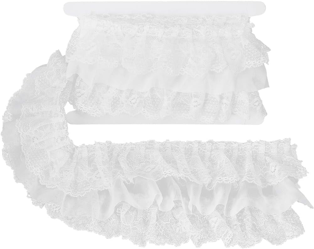 SUNNYCLUE 2 Yards 11cm Wide Ruffled Lace Ribbon 3-Layer Pleated Chiffon Lace Trim Floral Embroidered Gathered Edging Trimmings with 5.5cm Width Tulle Fabric for DIY Sewing Craft Dress Decor White