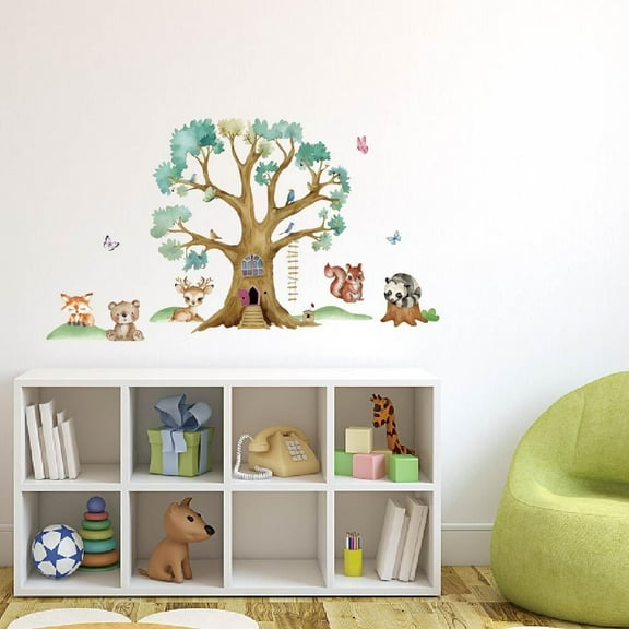 SUNNYCLUE Cartoon Trees Wall Stickers Woodland Animals Wall Corner Decals Autumn Wall Stickers DIY Vinyl Art Decorations for Bedroom Living Room Nursery Kids' Room Playroom Wall Decor